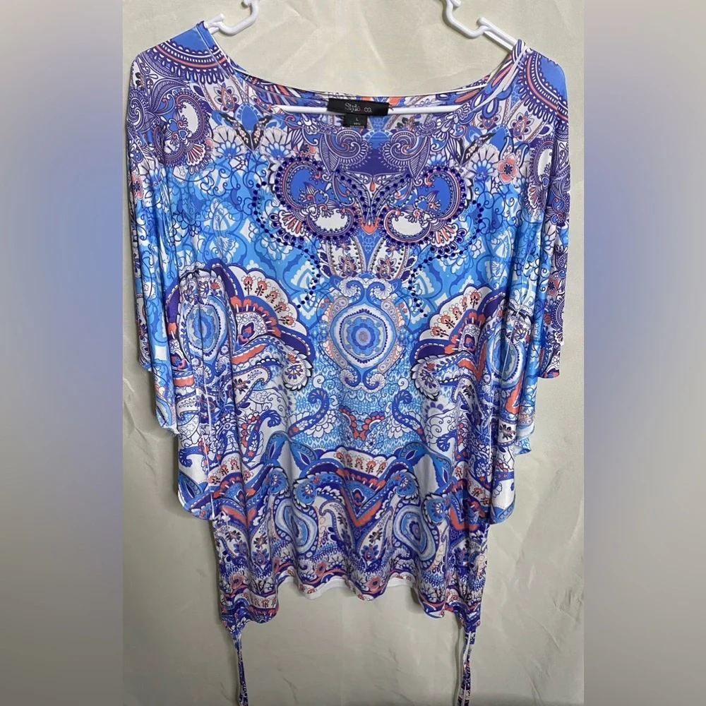 Style & Co Women Blouse Batwing Sleeve Embellished Multicolor Rhinestone Top